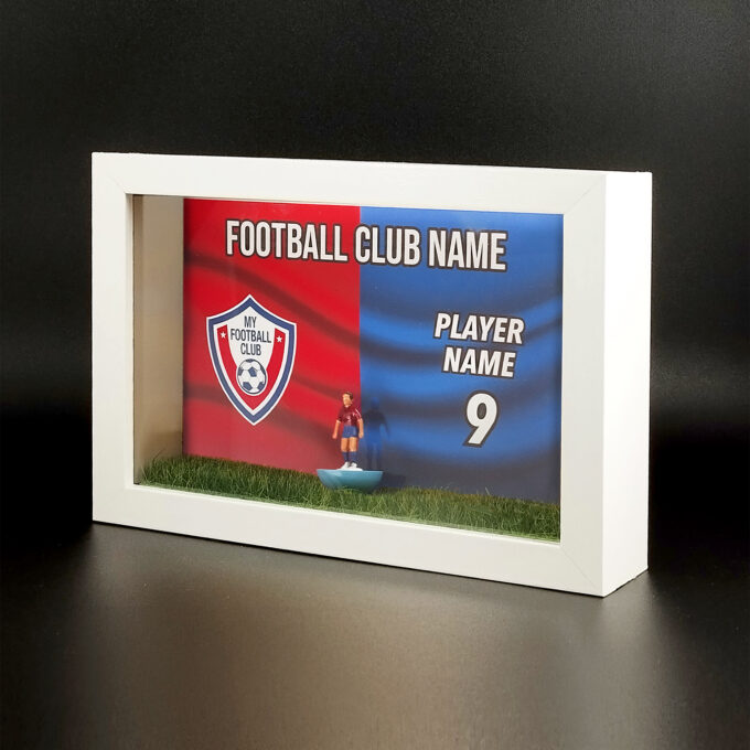 Cornice piccola personalizzabile con miniatura calciatore Subbuteo e stampa dei colori e logo della squadra