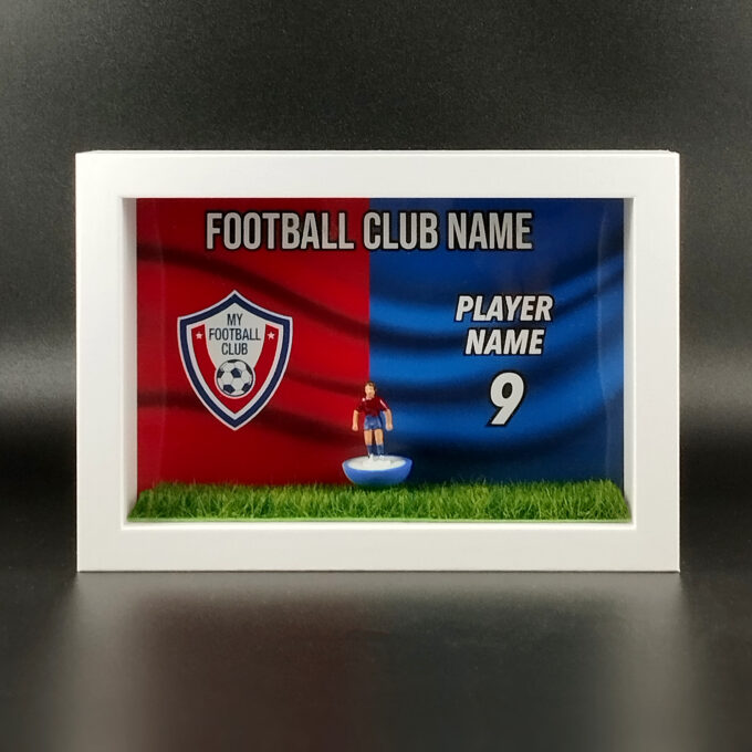 Cornice piccola con miniatura calciatore Subbuteo e stampa personalizzabile