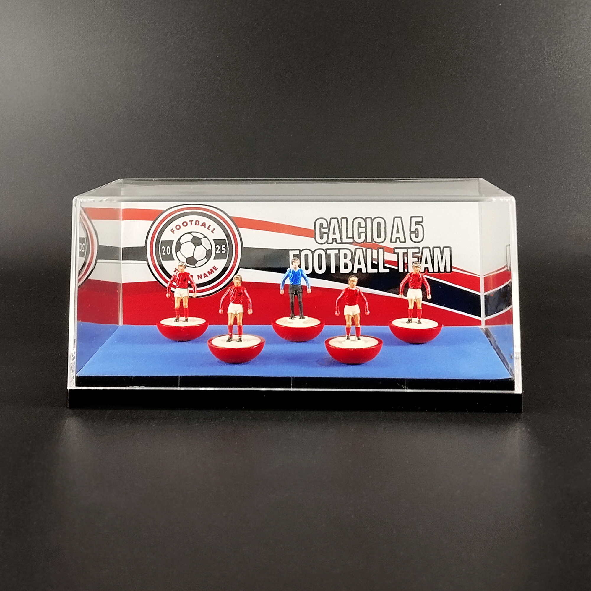 Teca con squadra Subbuteo di calcio a 5 e stampa personalizzata