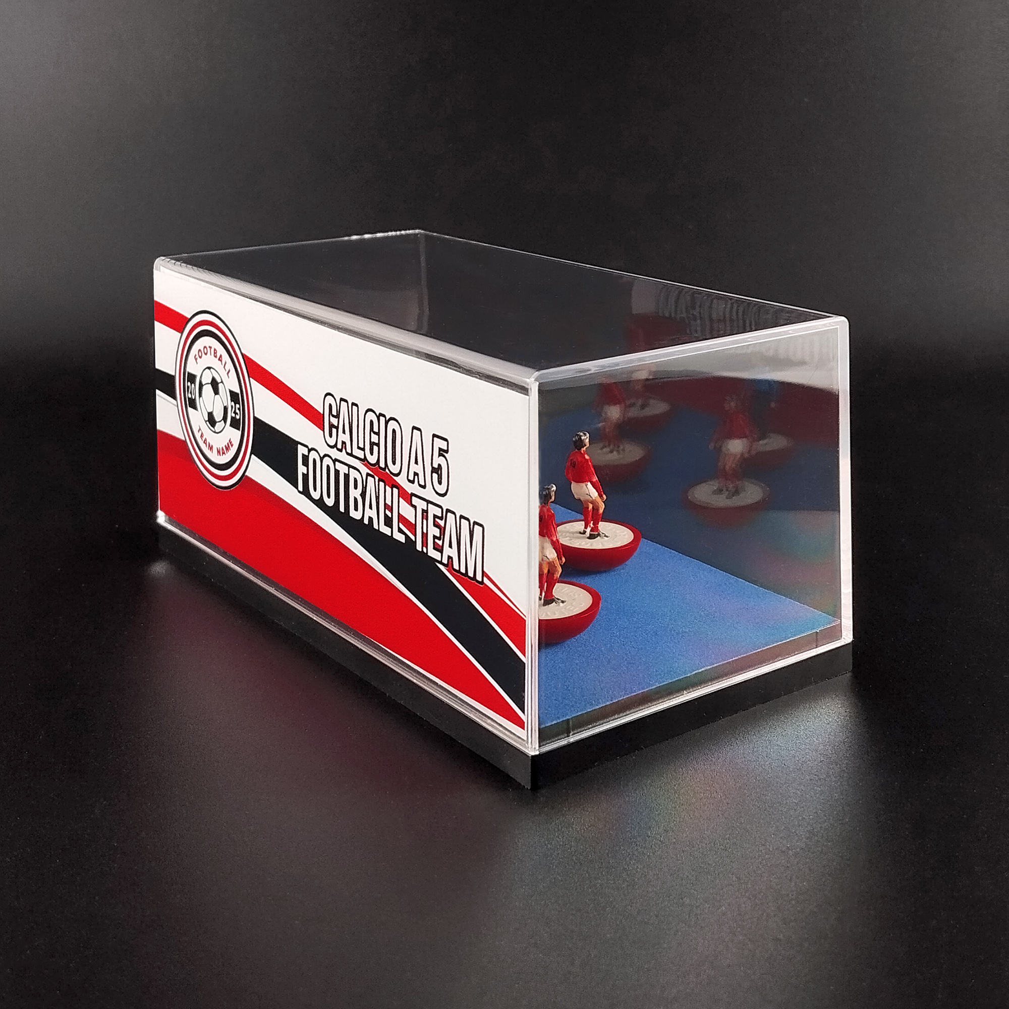 Teca con squadra Subbuteo di calcio a 5 e stampa personalizzata